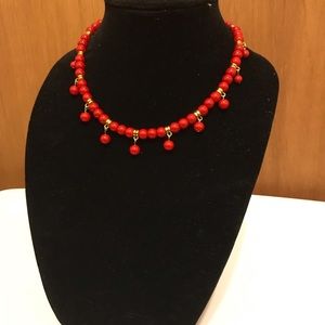 Red Czech Druk Glass Beaded Dangle Necklace
